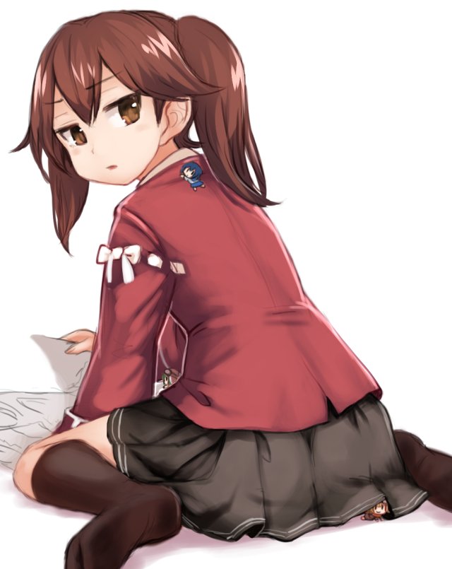 3girls arm_support bow brown_eyes brown_hair brown_legwear brown_skirt commentary eyebrows_visible_through_hair fairy_(kantai_collection) from_behind hair_bow hair_ornament hair_tie japanese_clothes kantai_collection leaning_forward long_hair long_sleeves looking_back magatama multiple_girls ryuujou_(kantai_collection) sitting skirt soles twintails utopia wariza white_background