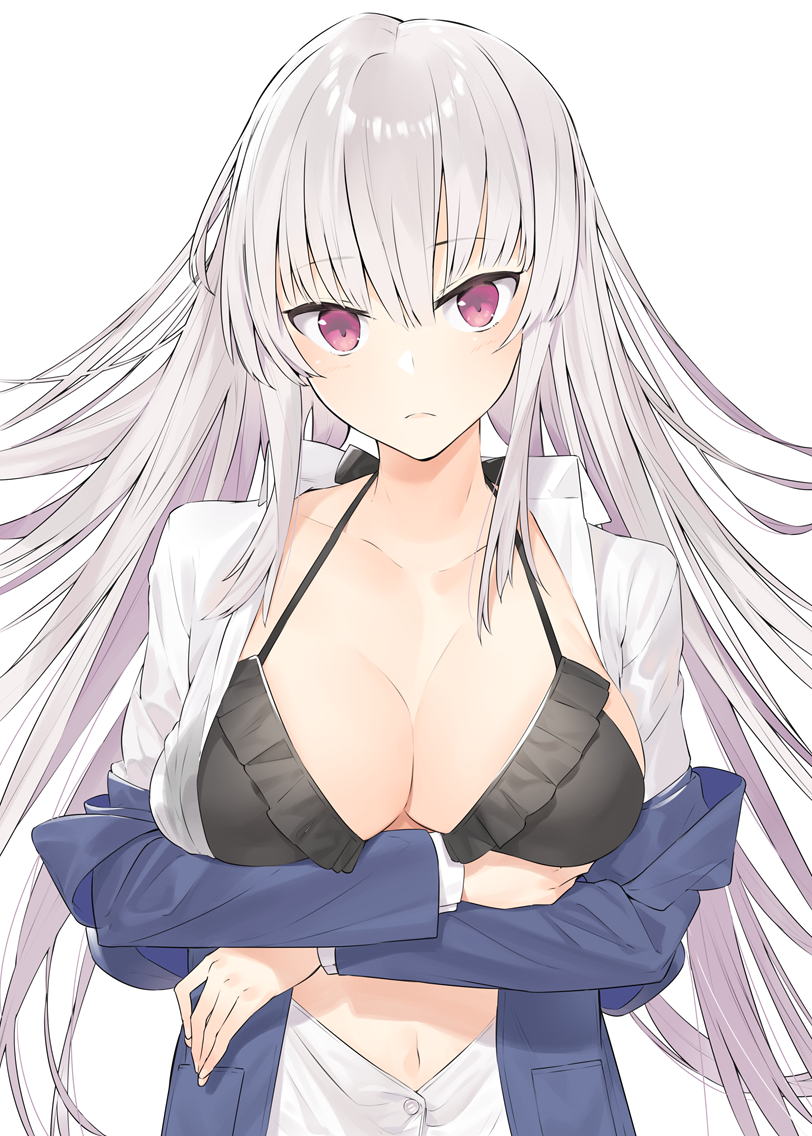 1girl bangs black_bikini_top blue_jacket blush breast_hold breasts cleavage closed_mouth collarbone collared_shirt commentary_request dress_shirt eyebrows_visible_through_hair floating_hair halter_top halterneck hayashi_kewi head_tilt jacket large_breasts long_hair long_sleeves looking_at_viewer navel off_shoulder open_clothes open_jacket open_shirt original partially_unbuttoned red_eyes sanpaku shirt sidelocks silver_hair simple_background solo upper_body very_long_hair white_background white_shirt