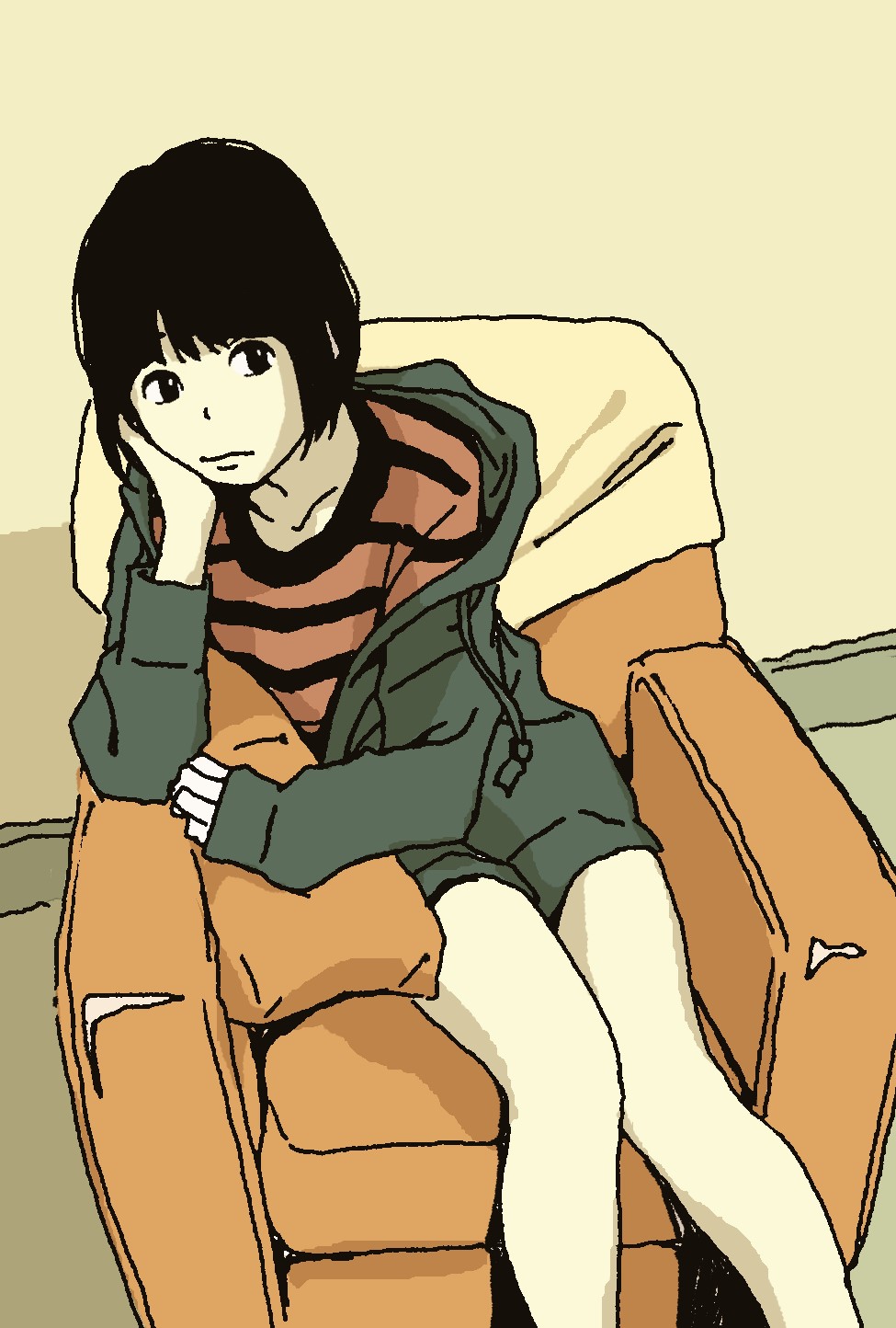 1girl black_hair closed_mouth commentary_request drawstring highres hosoo indoors jacket looking_to_the_side monochrome on_chair open_clothes open_jacket original shirt sitting sleeves_past_wrists solo striped striped_shirt