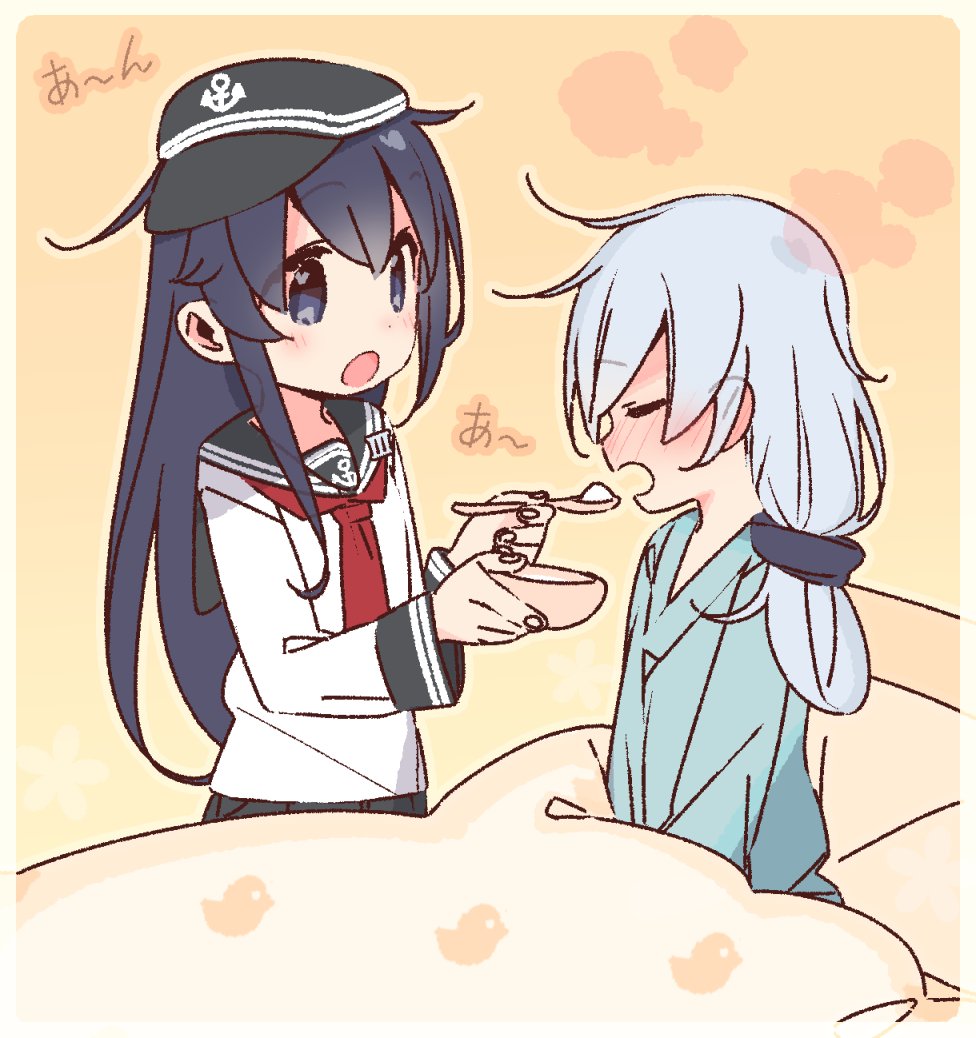 2girls akatsuki_(kantai_collection) anchor_symbol badge bed black_eyes black_hair black_sailor_collar closed_eyes commentary_request feeding flat_cap hair_between_eyes hat hibiki_(kantai_collection) kantai_collection long_hair multiple_girls neckerchief orange_background pajamas red_neckwear sailor_collar school_uniform serafuku silver_hair sitting spoon yoru_nai