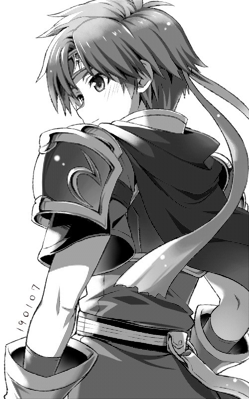 1boy armor cape fire_emblem fire_emblem:_fuuin_no_tsurugi greyscale headband looking_at_viewer looking_back monochrome nintendo pauldrons pixelated roy_(fire_emblem) solo white_background yuki_(yuki2061)