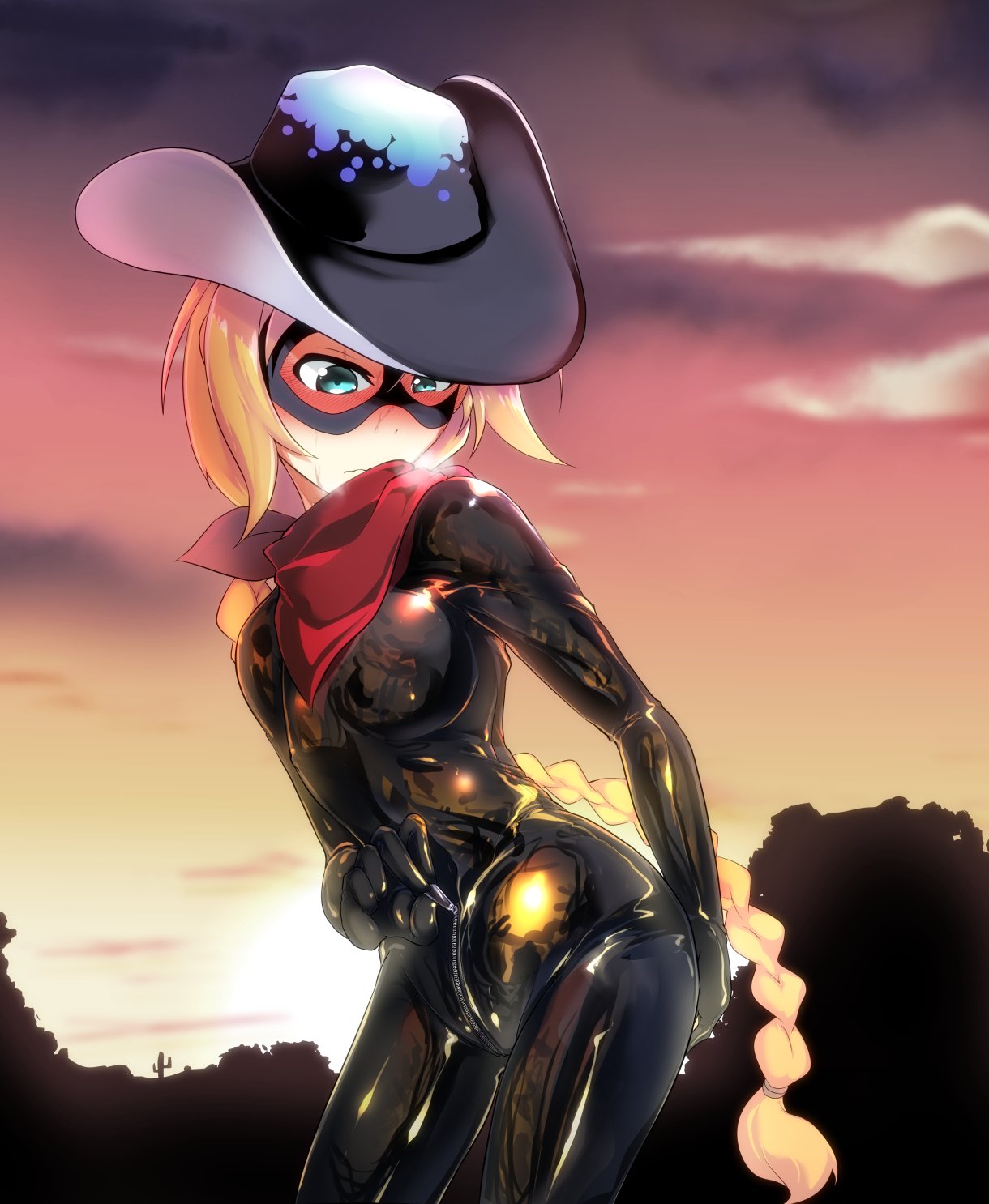 1girl blonde_hair blue_eyes blush bodysuit braid breasts cowboy_hat cowboy_shot crotch_zipper domino_mask hat highres latex latex_suit long_hair looking_down mask original reflection ryuu_tou scarf shiny shiny_clothes small_breasts sunset zipper