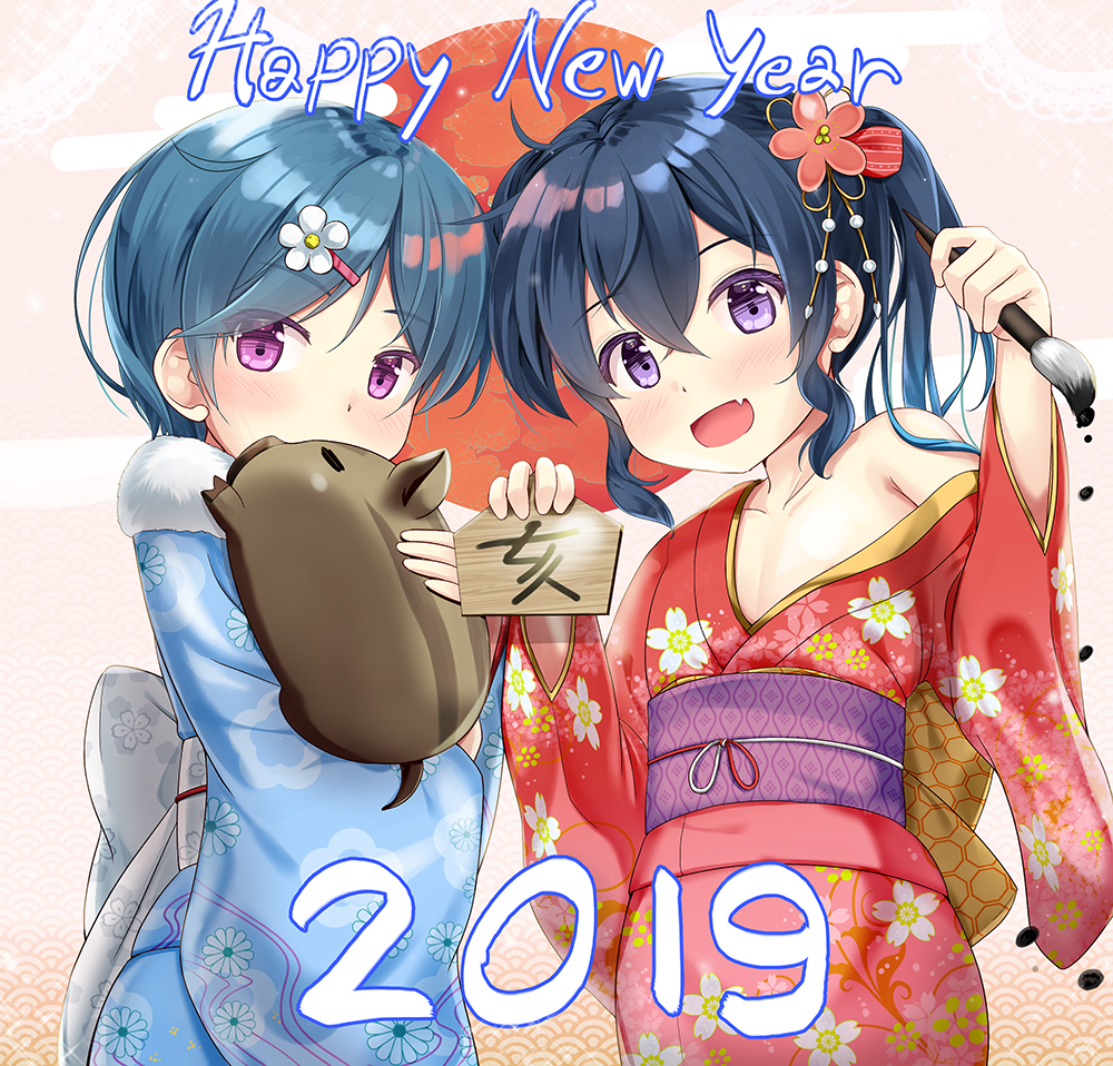 2019 2girls :d animal bare_shoulders blue_hair blue_kimono blush boar calligraphy_brush chinese_zodiac collarbone commentary_request covering_mouth egasumi ema fang floral_print flower fur_collar hair_flower hair_ornament hairclip happy_new_year holding holding_paintbrush japanese_clothes kimono long_sleeves migumi_(niiya) minami_(niiya) multiple_girls new_year niiya obi off_shoulder open_mouth original paintbrush print_kimono red_kimono sash smile translated twintails violet_eyes white_flower wide_sleeves year_of_the_pig