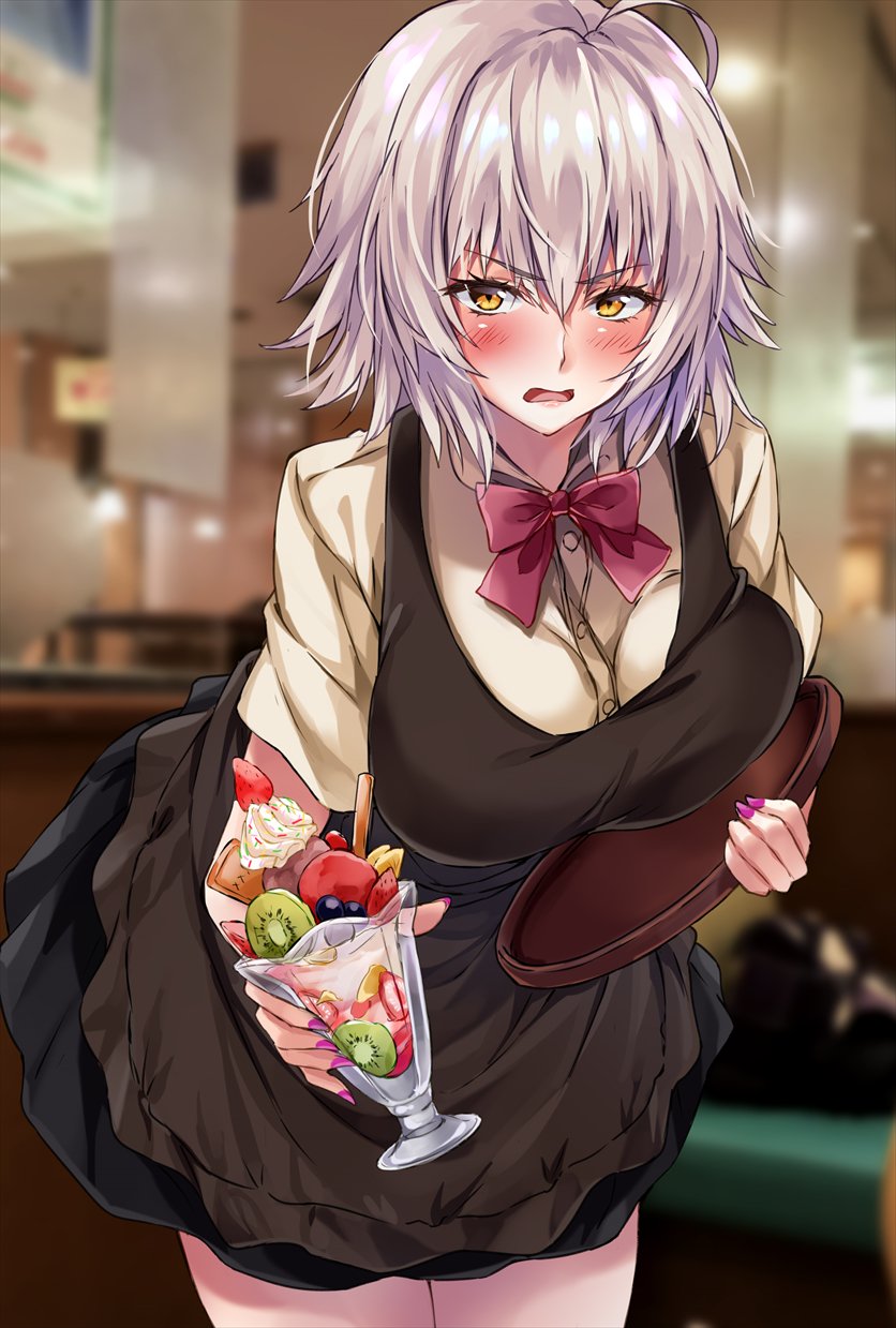 1girl ahoge apron bangs black_skirt blush bow collared_shirt commentary_request cup dessert dress_shirt eyebrows_visible_through_hair fate/grand_order fate_(series) food fruit fruit_cup hair_between_eyes highres indoors jeanne_d'arc_(alter)_(fate) jeanne_d'arc_(fate)_(all) leaning_forward marisasu_(marisa0904) milkshake nail_polish open_mouth red_bow restaurant shirt short_sleeves silver_hair skirt solo thighs tray waitress yellow_eyes yellow_shirt