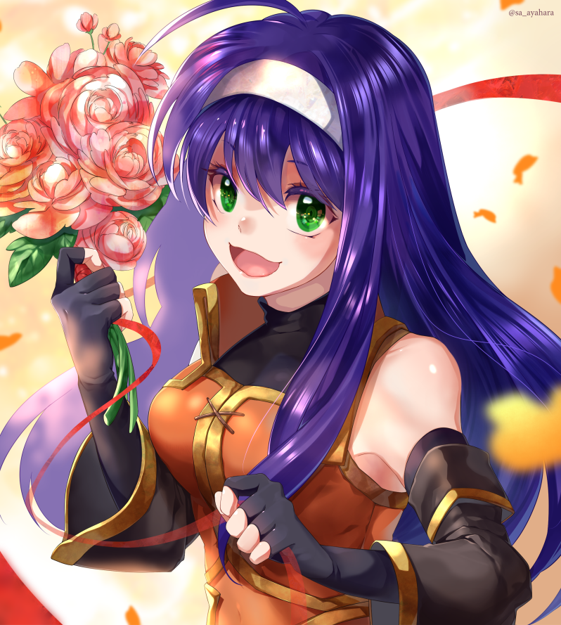 1girl blue_hair bouquet cyaca_ab fingerless_gloves fire_emblem fire_emblem:_akatsuki_no_megami fire_emblem:_souen_no_kiseki flower gloves green_eyes headband holding holding_bouquet long_hair looking_at_viewer nintendo rose smile solo wayu_(fire_emblem)