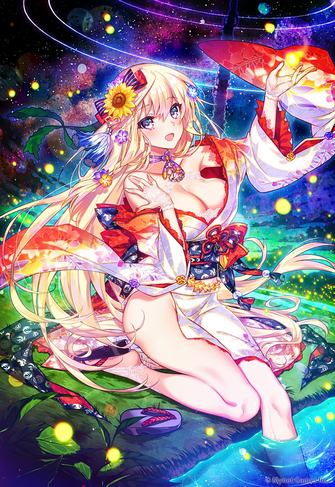 1girl age_of_ishtaria blonde_hair blue_eyes bra clothing_request company_name fireflies floral_print flower grass hair_flower hair_ornament highres japanese_clothes kimono lace lace_bra long_hair lu_hpink meru_(age_of_ishtaria) night night_sky obi off_shoulder official_art open_mouth sash sky slippers soaking_feet solo tower underwear water