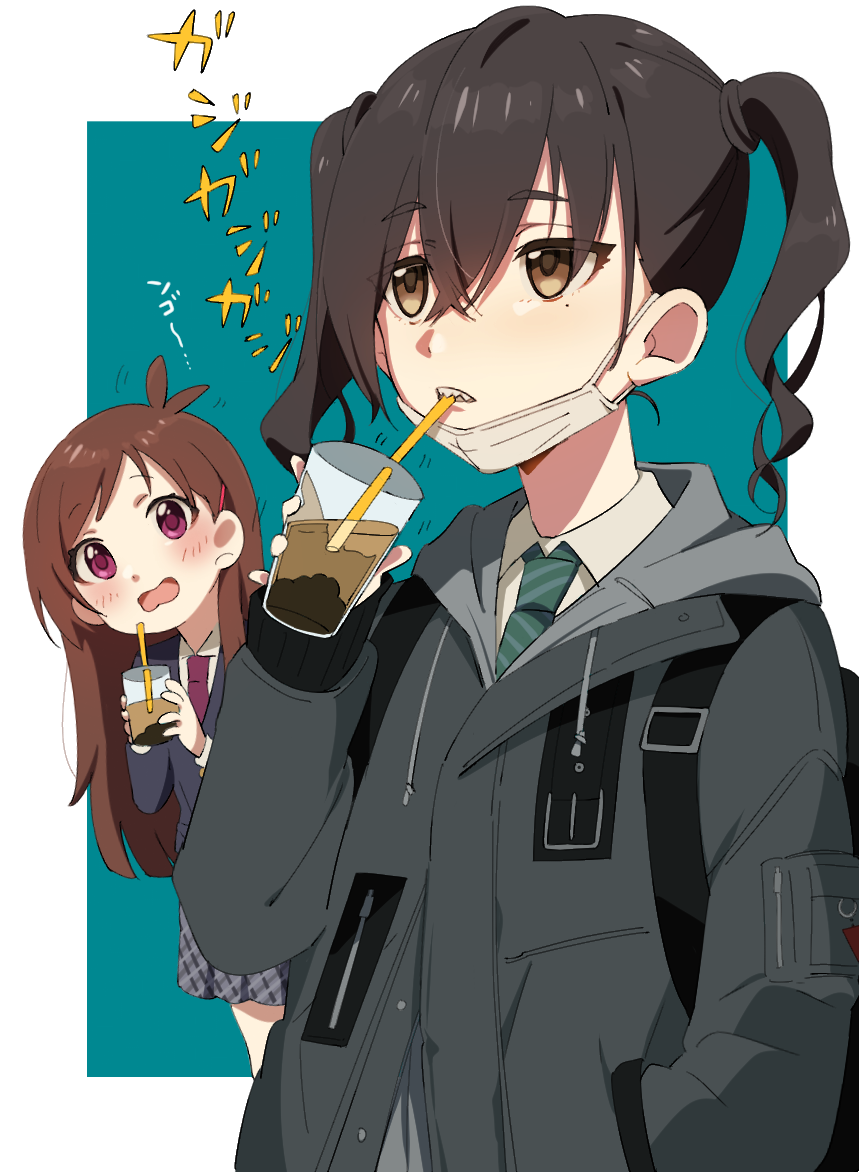 2girls aqua_background backpack bag bangs black_coat black_hair blazer brown_eyes coat collared_shirt cup drinking drinking_straw green_neckwear holding holding_cup hood hood_down hooded_coat idolmaster idolmaster_cinderella_girls jacket long_sleeves mole mole_under_eye multiple_girls namataro necktie plaid plaid_skirt pleated_skirt red_neckwear school_uniform sharp_teeth shirt simple_background skirt striped striped_neckwear sunazuka_akira teeth tsujino_akari twintails white_shirt wing_collar