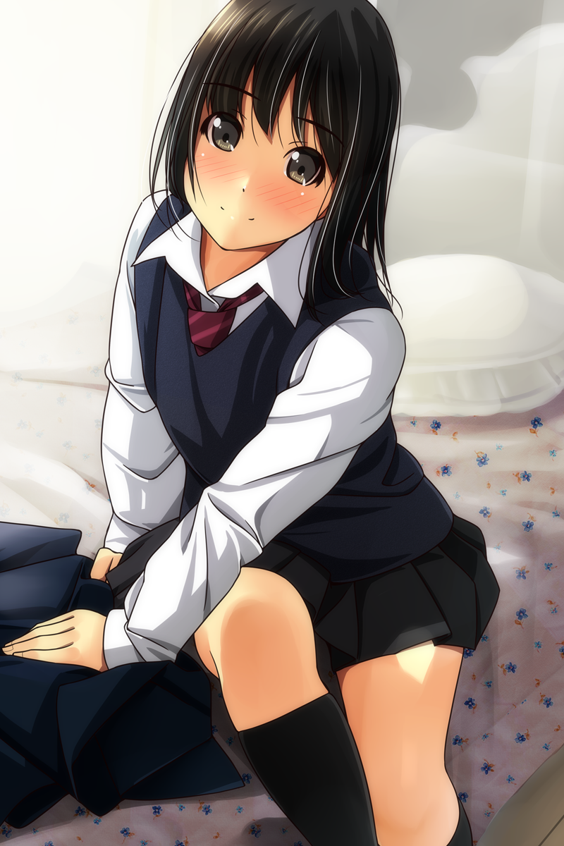 1girl bangs bed_sheet black_legwear black_skirt blush brown_eyes brown_hair closed_mouth collared_shirt commentary_request diagonal-striped_neckwear diagonal_stripes eyebrows_visible_through_hair floral_print frilled_pillow frills highres kneehighs long_hair long_sleeves matsunaga_kouyou necktie nose_blush original pillow pleated_skirt red_neckwear school_uniform shirt skindentation skirt smile solo striped striped_neckwear sweater_vest white_shirt