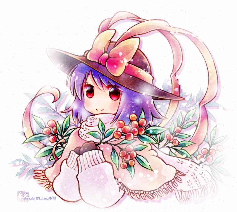 1girl artist_name bangs berries blue_hair blush brown_mittens dated eyebrows_visible_through_hair hands_on_own_chest hat hat_ribbon holding_plant itozaki_(itzk0110) leaf leaf_background long_sleeves looking_at_viewer mittens nagae_iku pink_shawl red_eyes ribbon scarf shawl short_hair smile snowing solo sweater swept_bangs touhou twig upper_body white_scarf white_sweater