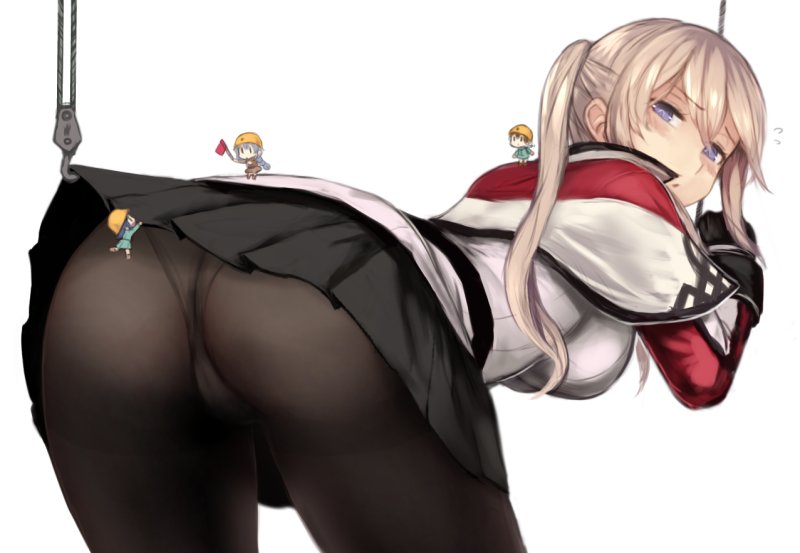 4girls ass bending_forward black_gloves black_skirt blonde_hair blush breasts capelet celtic_knot cowboy_shot crane cross embarrassed fairy_(kantai_collection) from_behind gloves graf_zeppelin_(kantai_collection) grey_eyes hair_between_eyes kantai_collection large_breasts long_hair long_sleeves looking_back machinery military military_uniform miniskirt multiple_girls open_mouth panties panties_under_pantyhose pantyhose pleated_skirt sidelocks skirt skirt_lift tsurime twintails underwear uniform utopia white_background