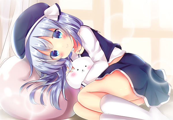 1girl angora_rabbit animal beret blue_eyes blue_hair blue_hat blue_skirt blue_vest blush closed_mouth commentary_request gochuumon_wa_usagi_desu_ka? hat kafuu_chino kafuu_chino's_school_uniform kneehighs long_sleeves looking_at_viewer lying no_shoes on_side pleated_skirt rabbit rikatan school_uniform shirt skirt smile tippy_(gochiusa) vest white_legwear white_shirt