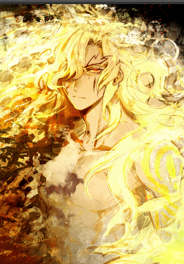 1boy abs artist_name bangs black_background blonde_hair closed_mouth disintegration fate/grand_order fate_(series) floating_hair frown glowing glowing_eyes goetia_(fate/grand_order) hair_over_one_eye half-closed_eyes light_particles long_hair looking_at_viewer male_focus messy_hair nude one_eye_covered onigiri_(hfyt2533) orange_eyes shatter sidelocks solo tattoo upper_body