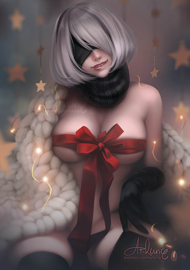 1girl arkuny artist_name bare_shoulders biting black_blindfold black_gloves black_hairband blindfold breasts cape cleavage commentary covered_eyes facing_viewer fur_cape gift gloves groin hairband head_tilt large_breasts lip_biting lips lipstick makeup naked_ribbon nier_(series) nier_automata nose patreon_username pulled_by_self red_lips red_lipstick red_ribbon ribbon short_hair silver_hair smile solo teeth thigh-highs thighhighs_pull yorha_no._2_type_b