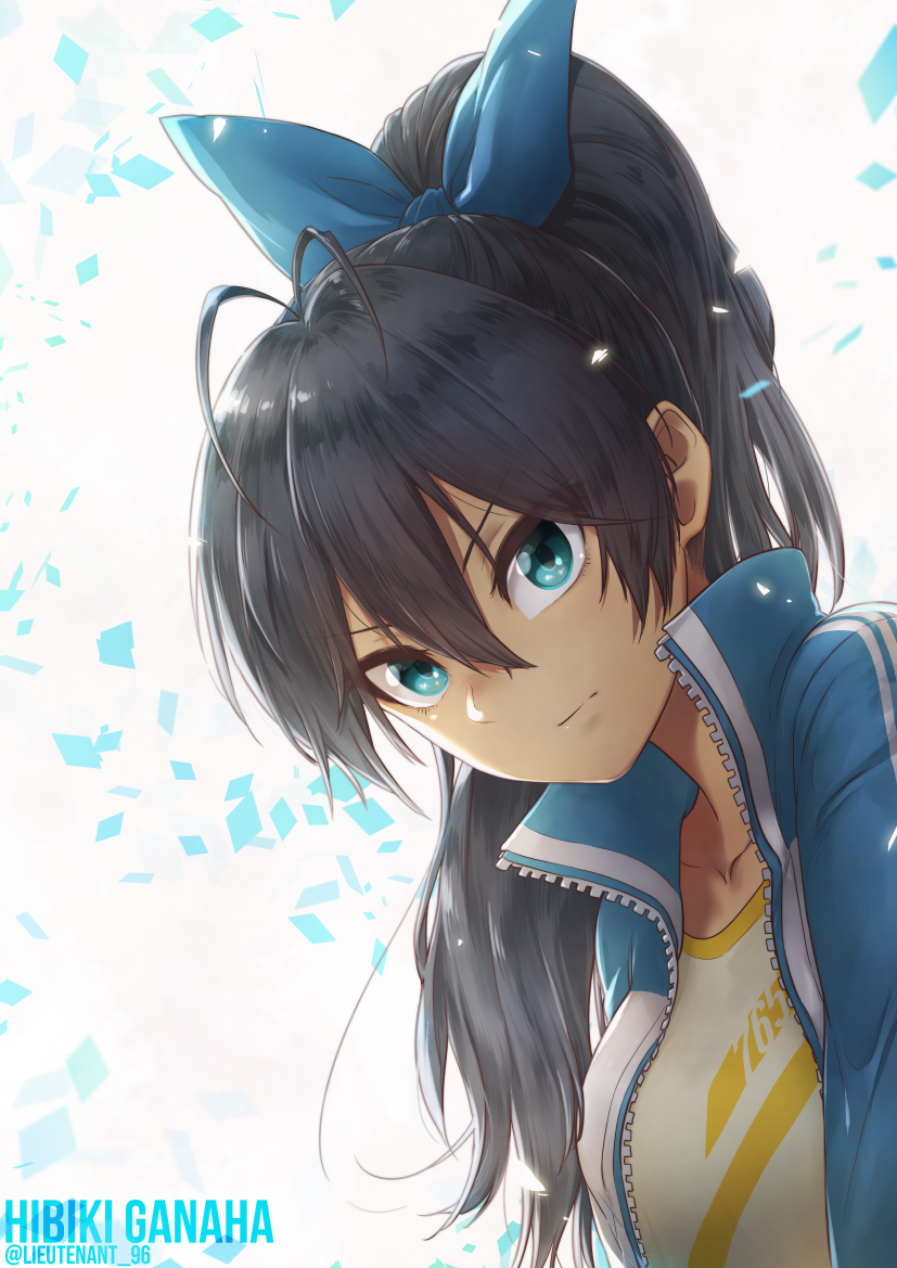 1girl antenna_hair bangs blue_eyes blue_jacket blue_ribbon character_name closed_mouth collarbone eyebrows_visible_through_hair eyes_visible_through_hair ganaha_hibiki hair_between_eyes hair_ribbon idolmaster idolmaster_(classic) jacket long_hair long_sleeves looking_at_viewer number open_clothes open_jacket ponytail ribbon shirt solo takahashi_umori twitter_username unzipped upper_body v-shaped_eyebrows white_shirt zipper