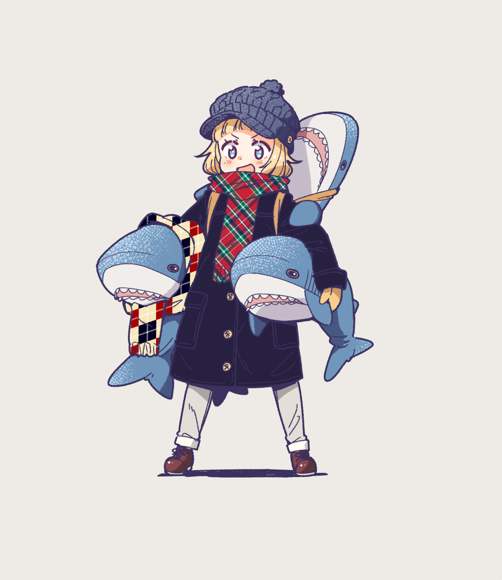 1girl :d blonde_hair blue_eyes blush boots buttons coat cross-laced_footwear full_body hat holding holding_stuffed_animal khakis knit_hat lace-up_boots laces long_sleeves meme mittens new_game! open_mouth pants plaid plaid_scarf sakura_nene scarf shadow shoes simple_background smile solo stuffed_animal stuffed_shark stuffed_toy tokunou_shoutarou white_background