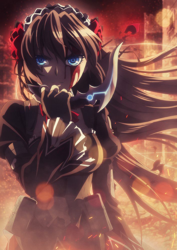 1girl artist_request black_dress black_gloves blood blue_eyes bow bowtie building dress fingerless_gloves fire floating_hair flower frilled_dress frilled_sleeves frills gloves hair_between_eyes hair_flower hair_ornament hairband holding holding_weapon juliet_sleeves key_visual lens_flare light_brown_hair lolita_hairband long_hair long_sleeves looking_afar magical_girl mahou_shoujo_tokushusen_asuka neon_trim night official_art ootorii_asuka outdoors puffy_sleeves rapture_asuka red_flower red_neckwear red_rose rose shiny shiny_hair solo sparks torn_clothes torn_sleeves weapon weapon_request white_frills