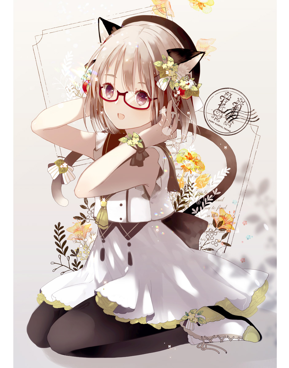 1girl :d animal_ear_fluff animal_ears bangs beret black_hat black_legwear blush boots bow brown_eyes brown_hair cat_ears cat_girl cat_tail commentary_request eyebrows_visible_through_hair fang fingernails flower food_themed_hair_ornament glasses hair_between_eyes hair_bow hair_ornament hands_up hat highres looking_at_viewer open_mouth orange_flower original pantyhose red-framed_eyewear shadow shirt sitting skirt sleeveless sleeveless_shirt smile solo strawberry_hair_ornament striped striped_bow tail tail_bow tail_raised wariza white_bow white_flower white_footwear white_shirt white_skirt yuzuyomogi