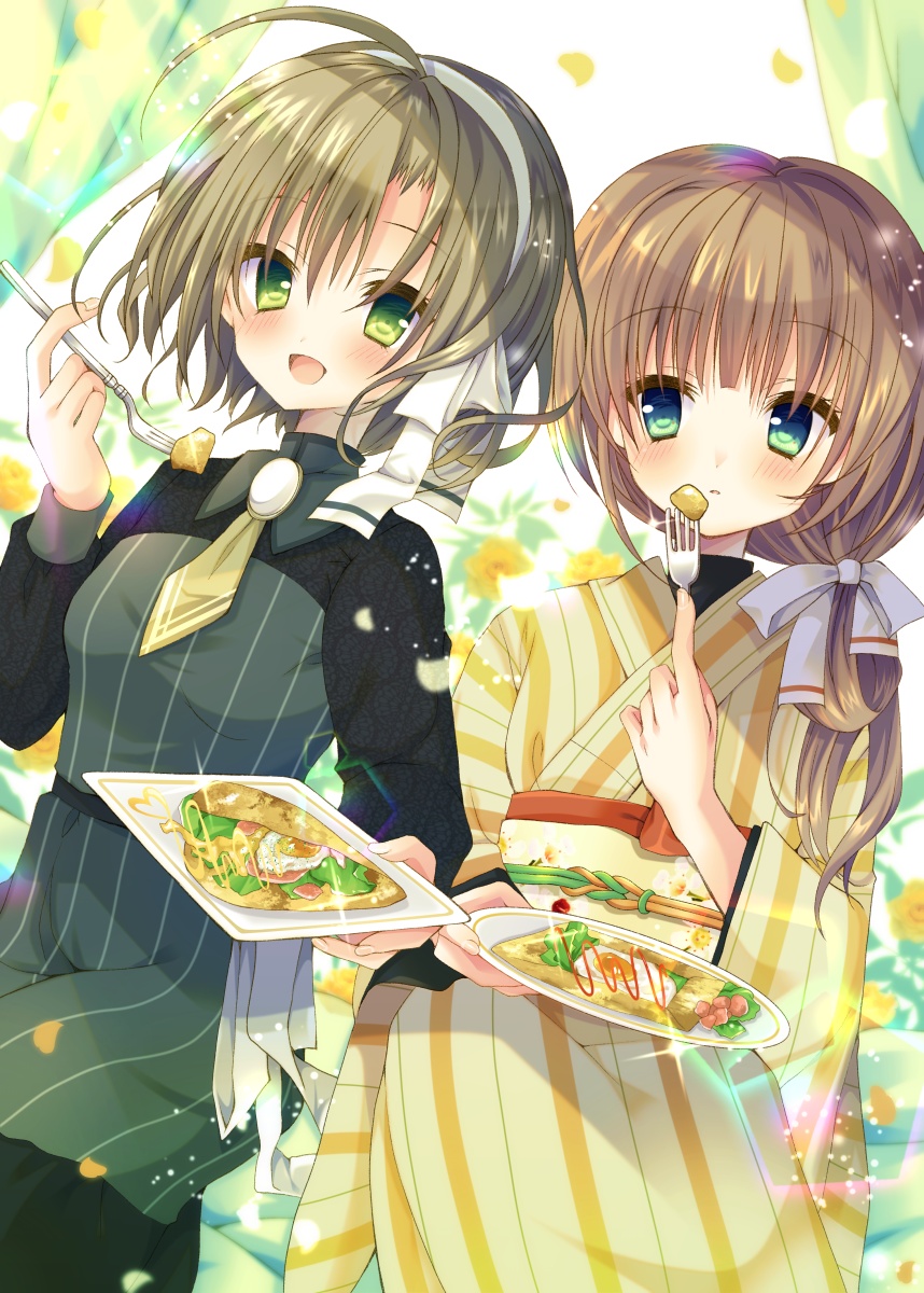 2girls :d blush breasts commentary_request condiment dot_nose dutch_angle eating eye_contact eyebrows_behind_hair green_eyes hair_over_shoulder highres holding holding_plate japanese_clothes kimono kohinata_raichi light_brown_hair long_hair long_sleeves looking_at_another multiple_girls obi open_mouth original petals pinstripe_pattern plate ringed_eyes sash short_hair sideways_glance small_breasts smile striped walking wide_sleeves yellow_kimono
