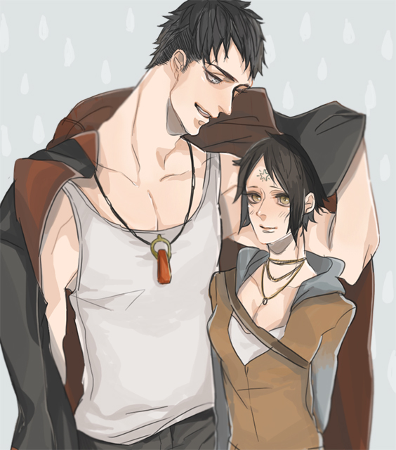 1boy 1girl black_hair breasts commentary_request dante_(dmc:_devil_may_cry) devil_may_cry dmc:_devil_may_cry facial_mark forehead_mark hood hoodie jacket jewelry kat_(dmc:_devil_may_cry) necklace open_mouth short_hair