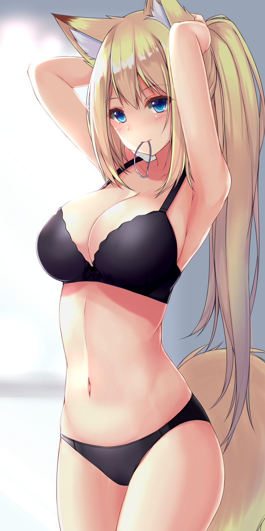 1girl animal_ear_fluff animal_ears armpits arms_up black_bra black_panties blonde_hair blue_eyes bra breasts cleavage cowboy_shot eyebrows_visible_through_hair fox_ears fox_girl fox_tail highres large_breasts long_hair looking_at_viewer mouth_hold navel original panties ponytail sidelocks sogaya solo tail tying_hair underwear underwear_only