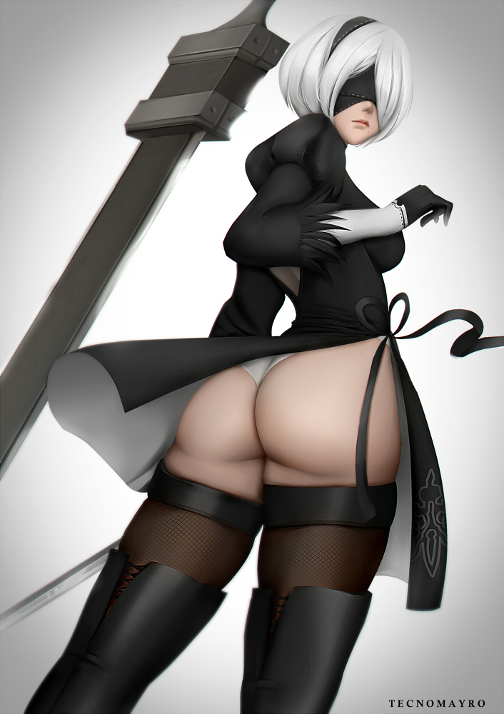 1girl ass back_cutout black_blindfold black_dress black_hairband blindfold boots breasts closed_mouth covered_eyes dress facing_viewer feather-trimmed_sleeves gloves grey_background hairband hand_up high_heel_boots high_heels highleg highleg_leotard holding holding_sword holding_weapon juliet_sleeves katana leotard lips long_sleeves medium_breasts mole mole_under_mouth nier_(series) nier_automata nose puffy_sleeves silver_hair skirt skirt_lift solo sword tecnomayro thigh-highs thigh_boots thighhighs_under_boots thighs vambraces virtuous_contract weapon white_leotard wind wind_lift yorha_no._2_type_b