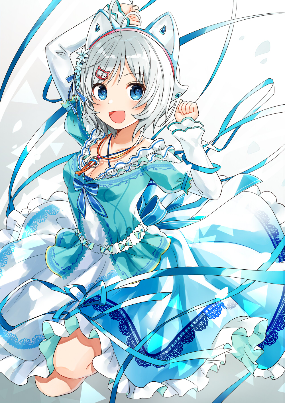 1girl :d animal_ears antenna_hair aqua_bow arm_up blue_dress blue_eyes blush bow breasts cat_hair_ornament cleavage collarbone commentary_request dennou_shoujo_youtuber_shiro dress fake_animal_ears frilled_dress frills hair_ornament hand_up highres jewelry legs_up looking_at_viewer necklace open_mouth sanpaku shiro_(dennou_shoujo_youtuber_shiro) short_hair silver_hair small_breasts smile solo tareme two-tone_dress virtual_youtuber white_background white_dress yon_(letter)