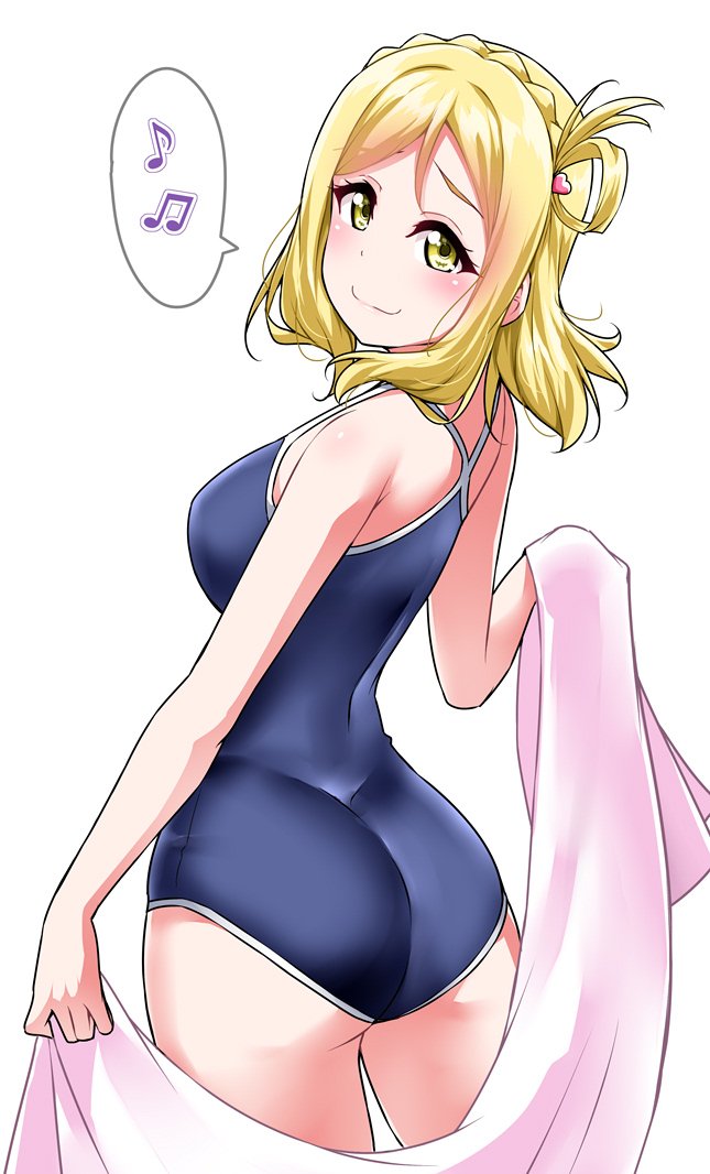 1girl ass blonde_hair blue_swimsuit blush braid breasts commentary_request competition_school_swimsuit crown_braid from_behind hair_ornament hair_rings heart heart_hair_ornament holding holding_towel looking_at_viewer looking_back love_live! love_live!_sunshine!! medium_breasts medium_hair musical_note ohara_mari one-piece_swimsuit school_swimsuit simple_background smile solo spoken_musical_note swimsuit towel white_background yellow_eyes yopparai_oni