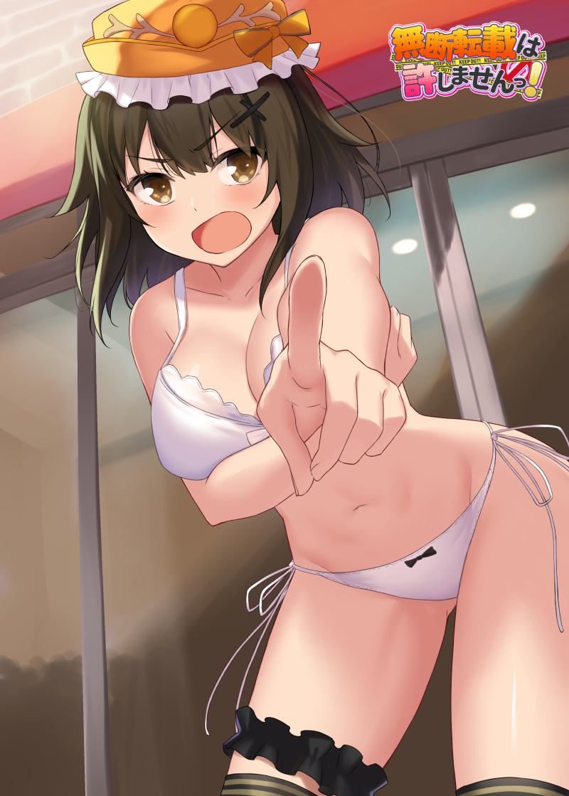 1girl :o ass_visible_through_thighs bangs bare_arms bare_shoulders black_legwear blush bra breast_hold breasts brown_eyes brown_hair building cccpo cleavage collarbone copyright_name cowboy_shot eyebrows_visible_through_hair foreshortening frilled_hat frills groin hair_ornament hat imashime_honoka lace lace-trimmed_bra large_breasts leaning_forward leg_garter legs_apart looking_at_viewer mudan_tensai_wa_yurushimasen! navel open_mouth orange_hat outdoors panties pointing pointing_at_viewer sanpaku short_hair side-tie_panties solo standing stomach thigh-highs thighs underwear underwear_only v-shaped_eyebrows white_bra white_panties x_hair_ornament yumehiko