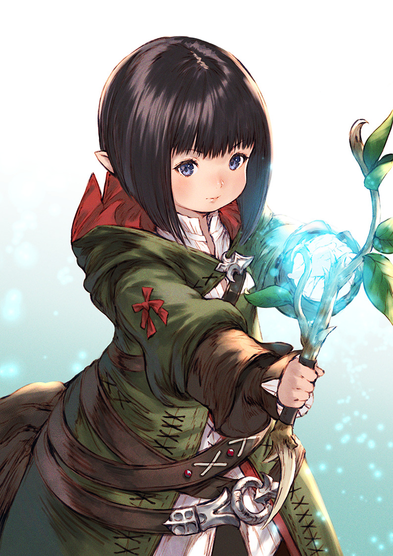 1girl bangs belt black_hair blue_eyes closed_mouth eyebrows_visible_through_hair facing_viewer final_fantasy final_fantasy_xiv glowing gradient gradient_background green_robe holding holding_wand lalafell makimura_shunsuke pointy_ears short_hair solo standing wand