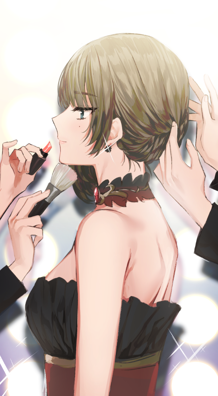 1girl applying_makeup back bare_shoulders blue_eyes breasts brown_hair choker earrings eyebrows_visible_through_hair from_side gambe glint hairdressing highres idolmaster idolmaster_cinderella_girls jewelry lips lipstick_tube makeup_brush mole mole_under_eye out_of_frame profile shoulder_blades sleeveless smile solo_focus strapless takagaki_kaede upper_body