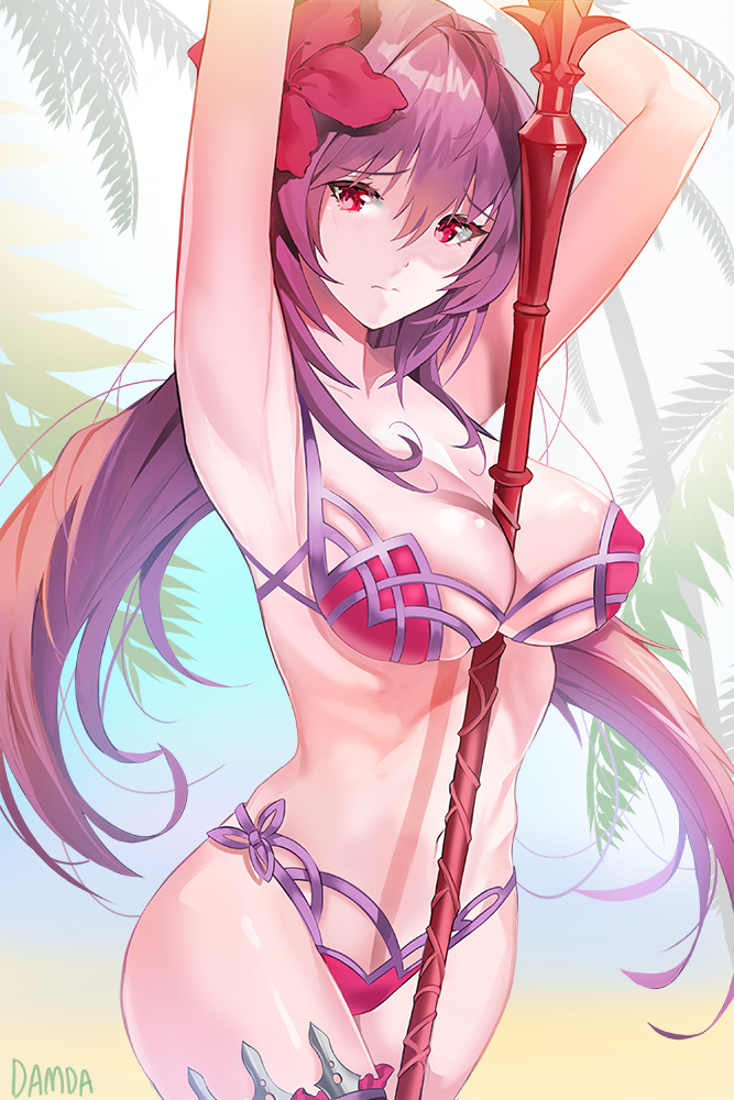 1girl armpits arms_up artist_name bangs bare_shoulders beach between_breasts bikini blush breasts cleavage closed_mouth collarbone commentary_request damda fate/grand_order fate_(series) flower gae_bolg hair_between_eyes hair_flower hair_intakes hair_ornament hibiscus hips kunai large_breasts leg_garter long_hair looking_at_viewer navel palm_tree pink_bikini polearm purple_hair red_eyes scathach_(fate)_(all) scathach_(fate/grand_order) scathach_(swimsuit_assassin)_(fate) solo spear swimsuit tree weapon