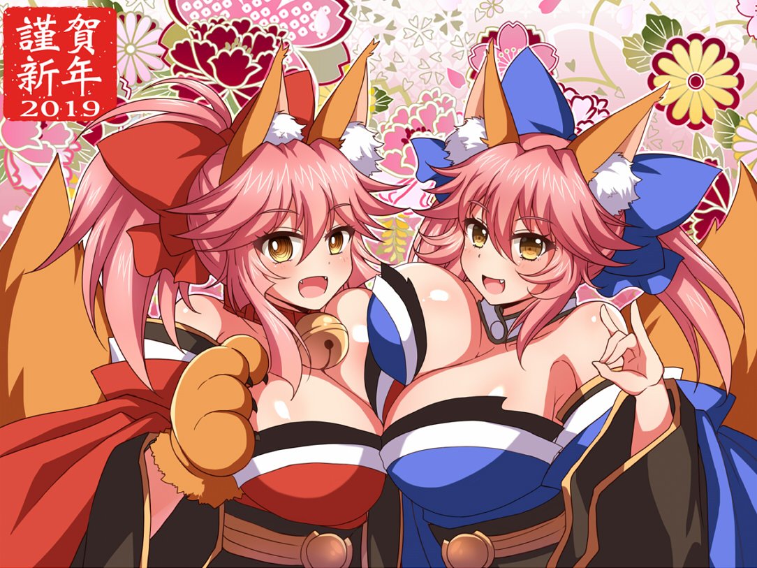 2019 2girls afuro animal_ear_fluff animal_ears asymmetrical_docking bell bell_collar blue_kimono blue_ribbon breast_press breasts cat_paws cleavage collar dual_persona fangs fate/grand_order fate_(series) floral_background fox_ears fox_girl fox_shadow_puppet fox_tail gloves hair_ribbon japanese_clothes jingle_bell kimono large_breasts long_hair looking_at_viewer multiple_girls open_mouth paw_gloves paws pink_hair ponytail red_kimono red_ribbon ribbon symmetrical_docking tail tamamo_(fate)_(all) tamamo_cat_(fate) tamamo_no_mae_(fate) yellow_eyes