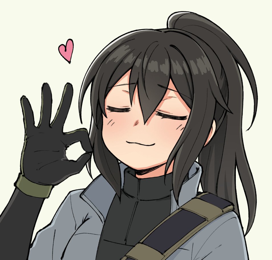 1girl =_= black_hair blush borrowed_character commentary english_commentary eyebrows_visible_through_hair gloves green_gloves grey_background hair_between_eyes heart high_ponytail long_hair nose_blush ok_sign original pas_(paxiti) portrait sidelocks smile solo strap turtleneck vivian_zhao