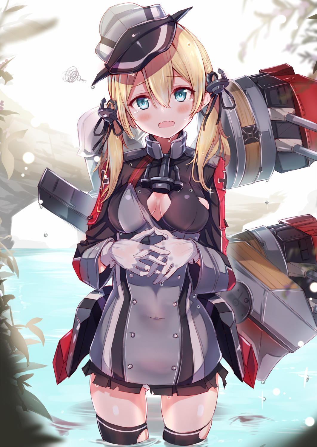 1girl black_legwear black_skirt blonde_hair blue_eyes blush breasts fuku_kitsune_(fuku_fox) gloves hat highres kantai_collection long_hair long_sleeves low_twintails machinery medium_breasts military military_hat military_uniform miniskirt navel open_mouth partially_submerged peaked_cap pleated_skirt prinz_eugen_(kantai_collection) skirt solo thigh-highs torn_clothes torn_legwear twintails uniform white_gloves