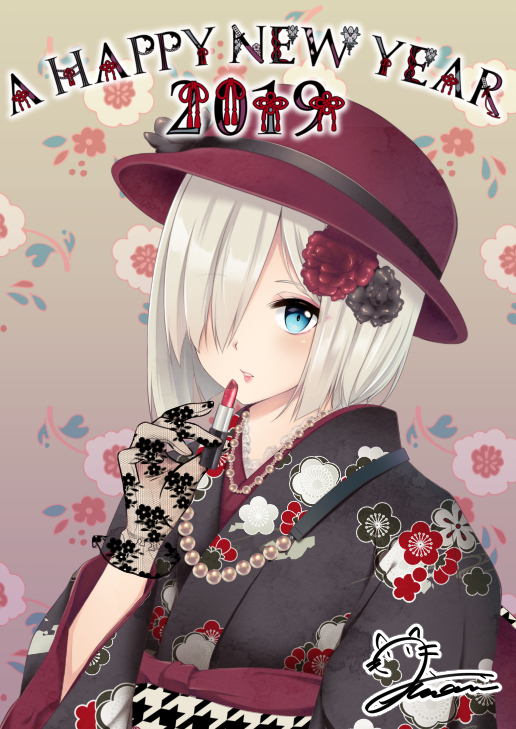 1girl black_flower blue_eyes closed_mouth floral_background floral_print flower gloves hair_flower hair_ornament hair_over_one_eye hamakaze_(kantai_collection) happy_new_year hat japanese_clothes kantai_collection kimono lipstick looking_at_viewer makeup mimamui new_year purple_hat red_flower short_hair silver_hair solo yukata