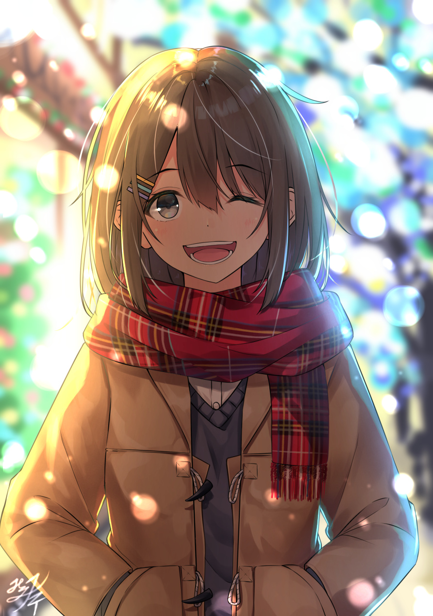1girl ;d backlighting bangs black_sweater blurry blurry_background brown_coat brown_hair brown_jacket coat commentary_request depth_of_field dress_shirt duffel_coat eyebrows_visible_through_hair fringe_trim grey_eyes hair_between_eyes hair_ornament hairclip hands_in_pockets highres jacket light_particles long_hair long_sleeves looking_at_viewer miko_fly one_eye_closed open_clothes open_coat open_jacket open_mouth original plaid plaid_scarf red_scarf scarf shirt sidelocks signature smile solo sweater sweater_vest teeth undershirt upper_body white_shirt winter_clothes