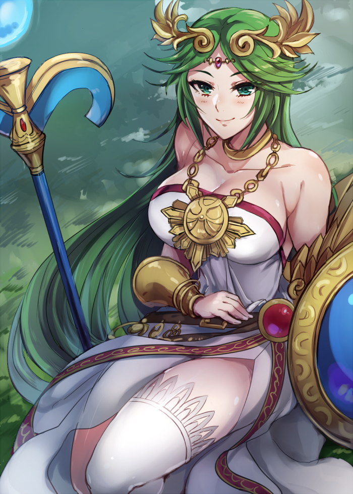 1girl aqua_eyes bangs bare_shoulders belt belt_buckle bracelet bracer breasts brown_belt buckle cleavage closed_mouth collarbone dress eyebrows_visible_through_hair gem goddess gold grass green_hair jewelry kid_icarus large_breasts long_hair narumiko_busa neck_ring nintendo palutena parted_bangs shield side_slit single_thighhigh sitting smile solo staff straight_hair strapless strapless_dress thigh-highs tiara very_long_hair white_dress white_legwear