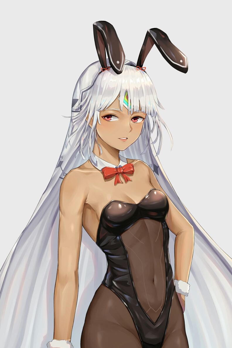 1girl altera_(fate) animal_ears armpits bangs bare_arms bare_shoulders black_leotard bow bowtie breasts bunny_girl bunnysuit cleavage collarbone covered_navel cowboy_shot dark_skin detached_collar fate/grand_order fate_(series) grey_background groin hand_on_hip hokori_sakuni leotard long_hair looking_at_viewer pantyhose parted_lips rabbit_ears red_eyes red_neckwear revision see-through sidelocks silver_hair simple_background small_breasts solo standing thighs veil very_long_hair wrist_cuffs