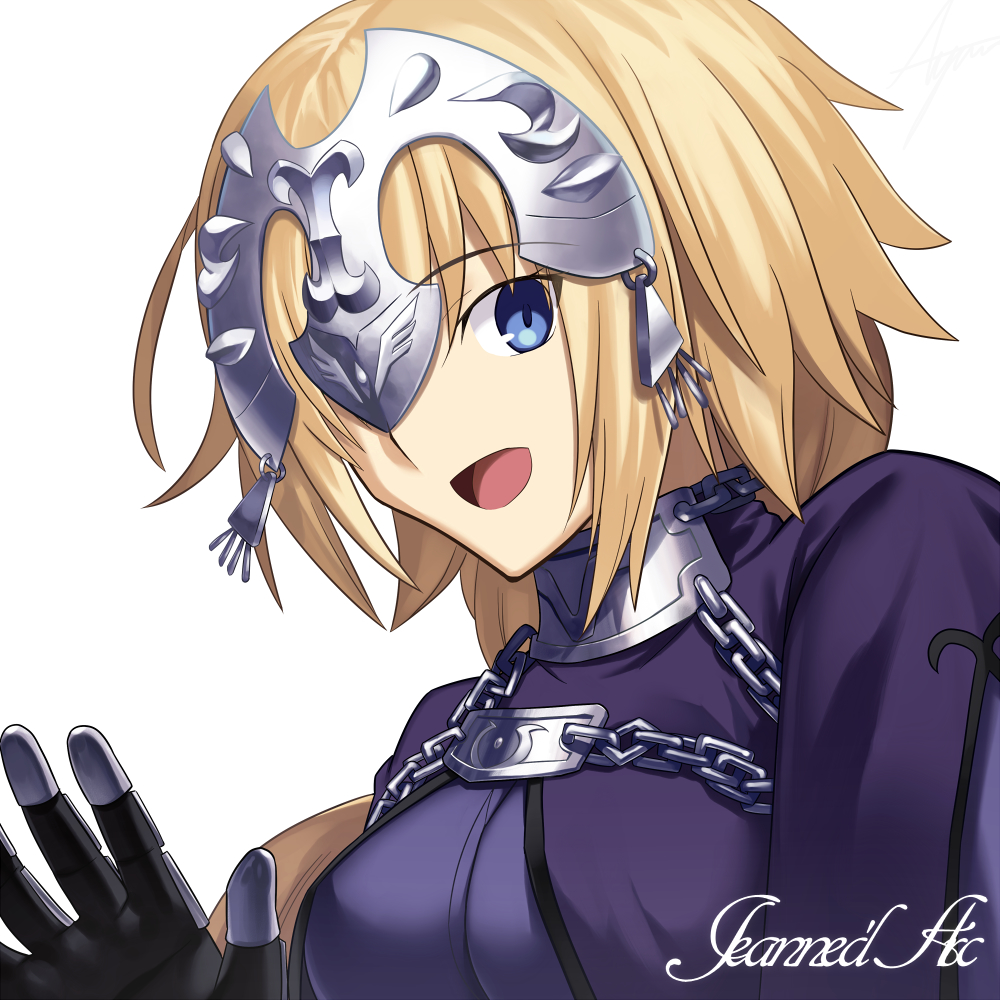 :d ashiwara_yuu bangs blonde_hair blue_eyes breasts chains character_name dress eyebrows_visible_through_hair fate/grand_order fate_(series) gauntlets hand_up headpiece jeanne_d'arc_(fate) jeanne_d'arc_(fate)_(all) long_hair looking_at_viewer medium_breasts one_eye_covered open_mouth purple_dress simple_background smile upper_body white_background