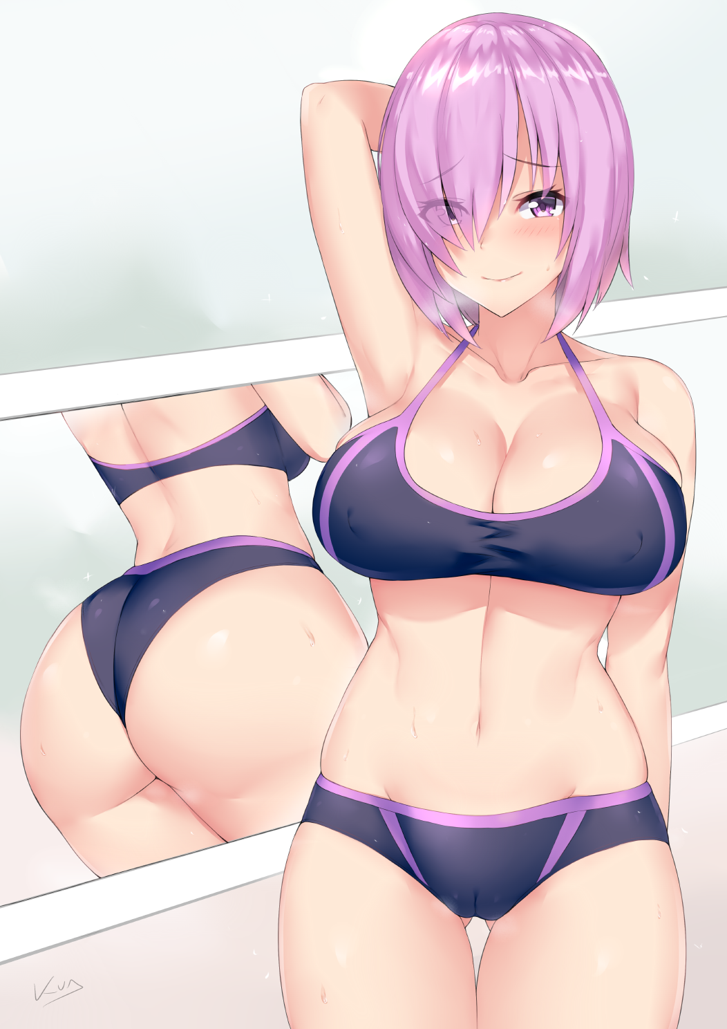 1girl arm_behind_head arm_up armpits artist_name ass bikini blush breasts cleavage eyes_visible_through_hair fate/grand_order fate_(series) hair_over_one_eye heavy_breathing highres kuavera large_breasts looking_at_viewer mash_kyrielight midriff multiple_views navel purple_bikini purple_hair short_hair signature solo swimsuit violet_eyes