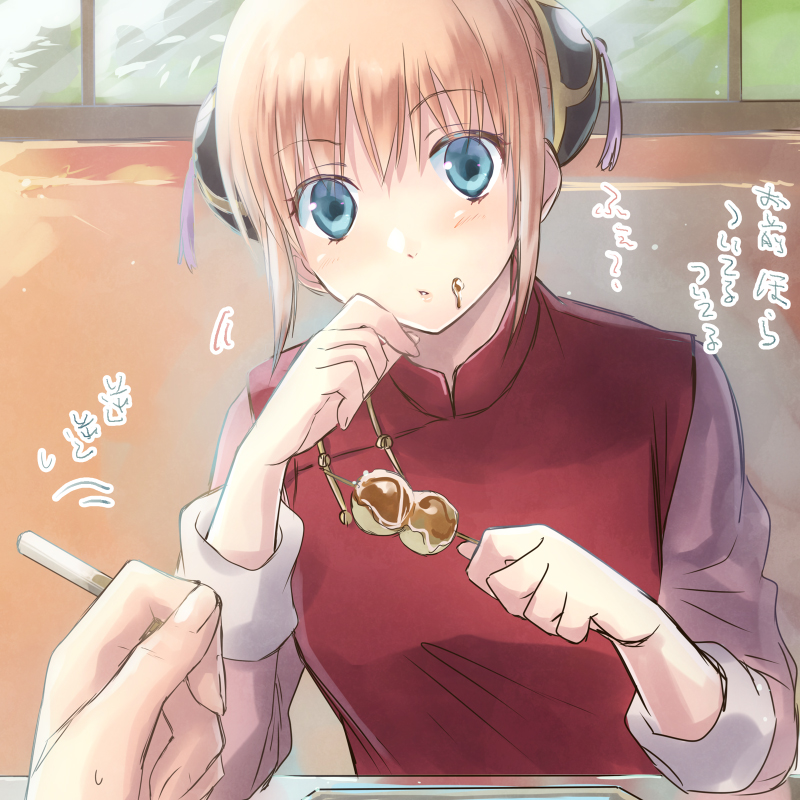 1girl blonde_hair blue_eyes da_raku dango double_bun eyebrows_visible_through_hair food gintama holding indoors kagura_(gintama) long_sleeves looking_at_viewer parted_lips short_hair short_over_long_sleeves short_sleeves sidelocks upper_body wagashi