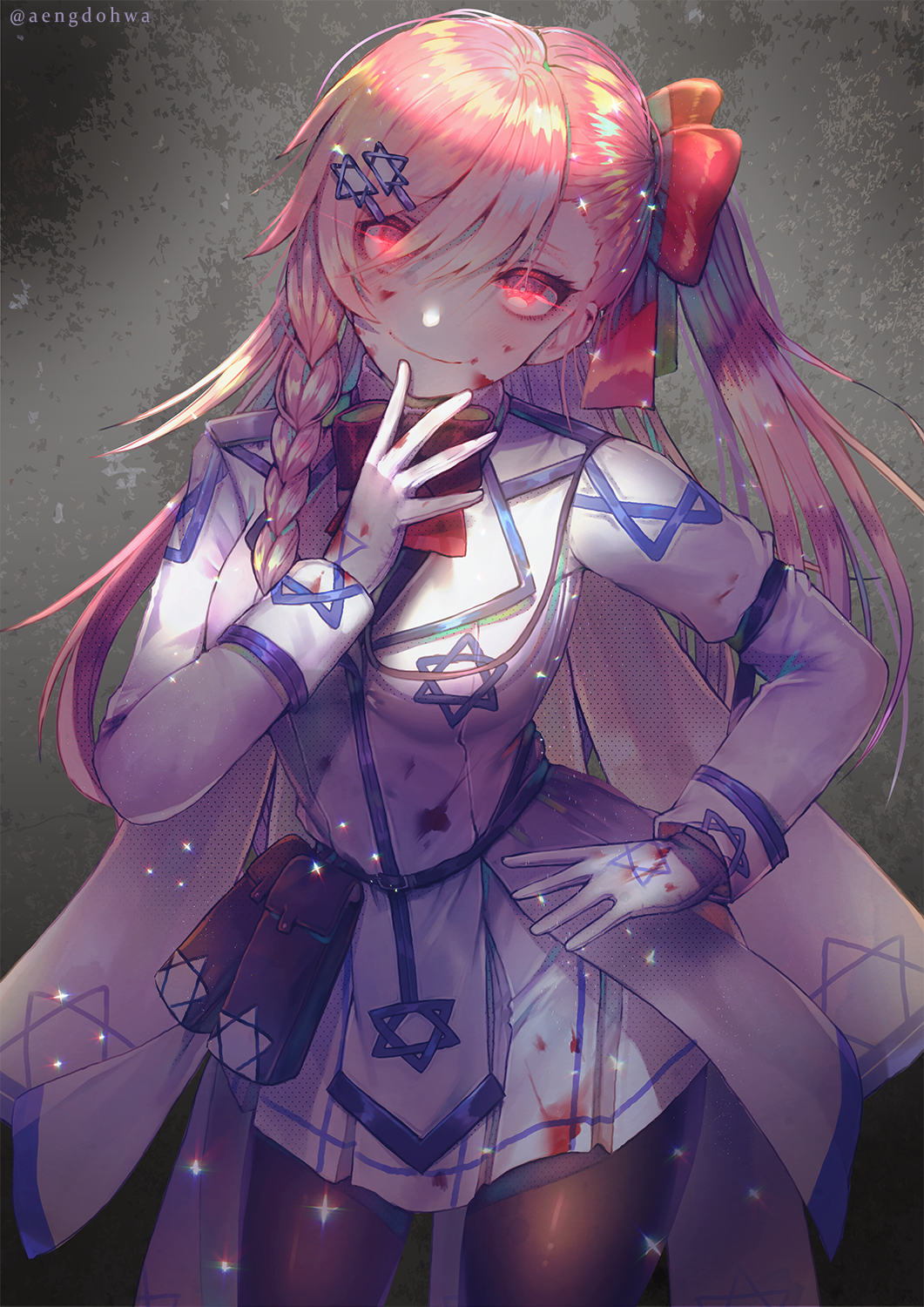 1girl bangs black_legwear blood blood_on_face bloody_clothes blush bow bowtie braid breasts closed_mouth collared_jacket cowboy_shot eyebrows_visible_through_hair girls_frontline gloves glowing glowing_eyes grey_shirt hair_between_eyes hair_bow hair_ornament hair_ribbon hairclip hanato_(seonoaiko) hand_on_hip hand_up hexagram highres long_hair long_sleeves looking_at_viewer medium_breasts negev_(girls_frontline) one_side_up pantyhose pink_hair pouch red_bow red_eyes red_neckwear red_ribbon ribbon shirt side_braid sidelocks skirt smile solo sparkle star_of_david twitter_username white_gloves white_skirt