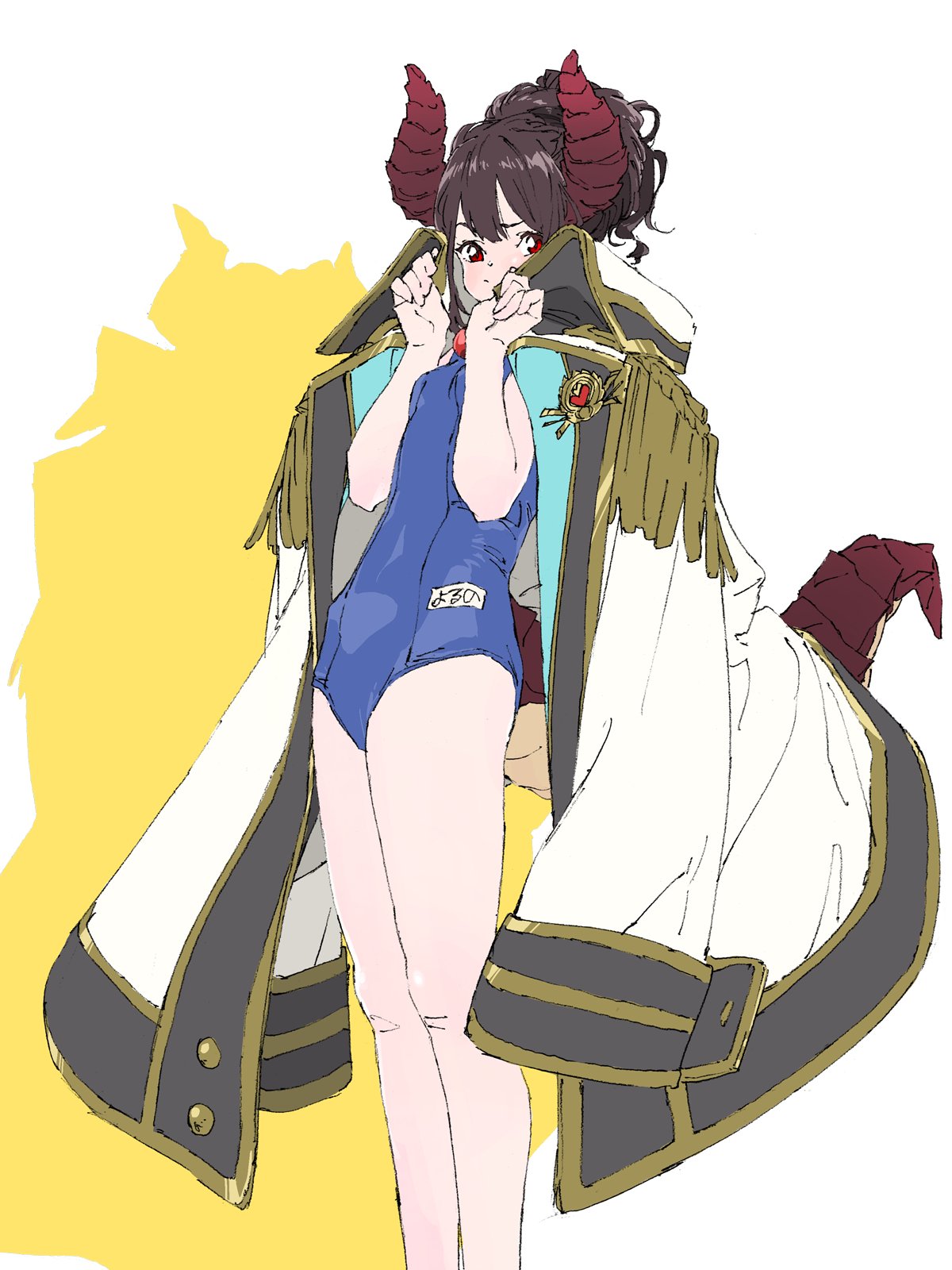 1girl blush closed_mouth coat covered_navel dragon_tail highres horns marugayotsu ponytail red_eyes red_horns simple_background solo standing swimsuit tail tied_hair vgaming white_coat yoruno_yui
