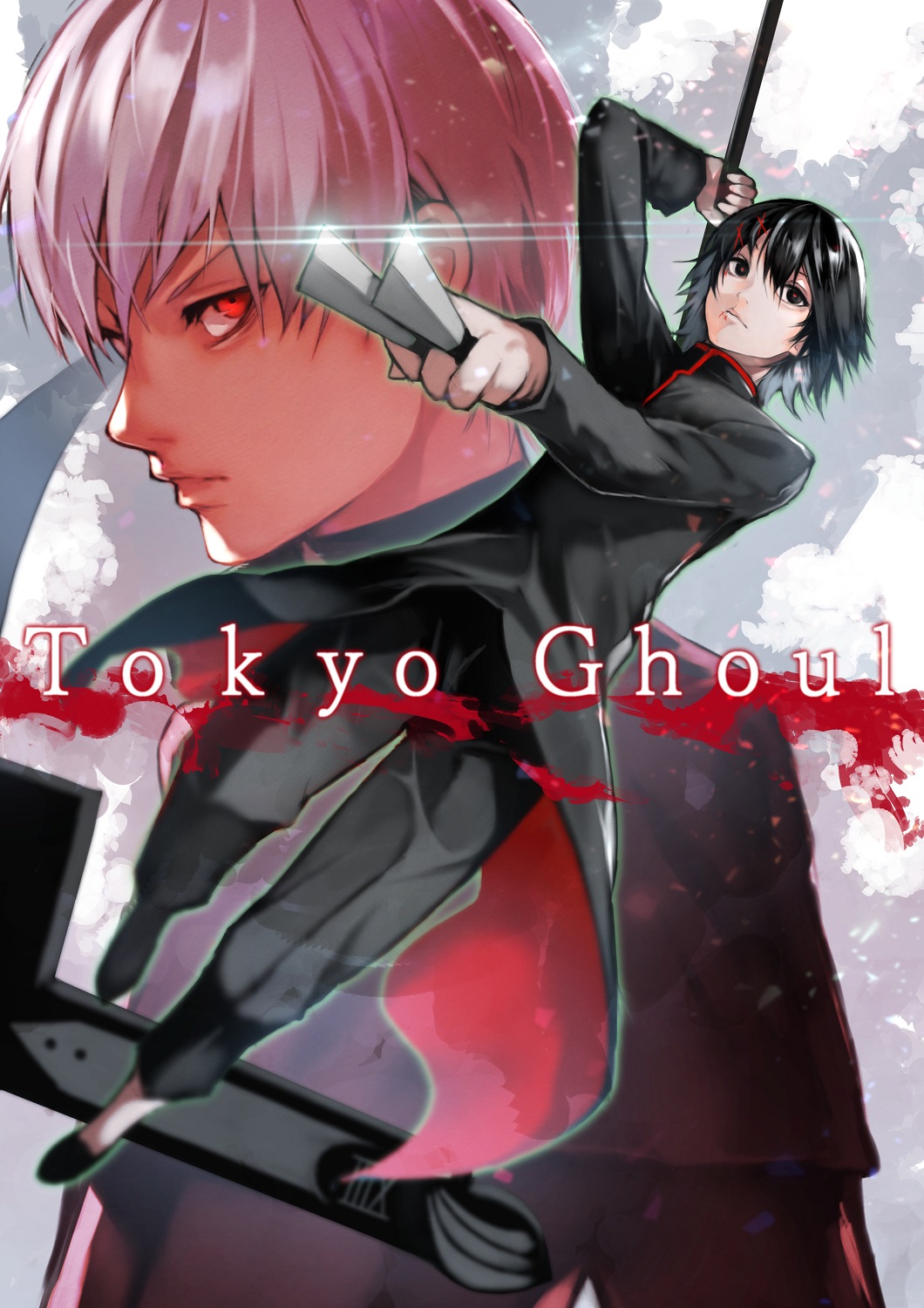 2boys 55level alternate_costume androgynous angry arm_up black_eyes black_footwear black_hair black_jacket blood closed_mouth full_body hair_between_eyes hair_ornament hairclip highres holding holding_knife holding_scythe holding_weapon jacket kaneki_ken knife looking_afar looking_at_viewer male_focus multiple_boys pale_skin red_eyes scythe short_hair stitched_face stitches suzuya_juuzou throwing_knife title tokyo_ghoul upper_body weapon white_hair x_hair_ornament