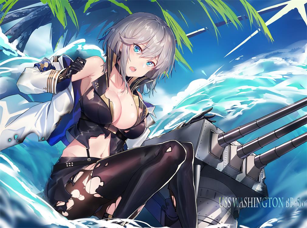 1girl armpits azur_lane black_legwear blue_eyes blue_sky blush breasts character_name choker cleavage collarbone commentary echj english_commentary eyebrows_visible_through_hair gloves half_gloves jacket large_breasts midriff mole mole_on_breast navel open_mouth pantyhose rigging short_hair sidelocks silver_hair sitting sky solo torn_clothes torn_legwear washington_(azur_lane) white_jacket
