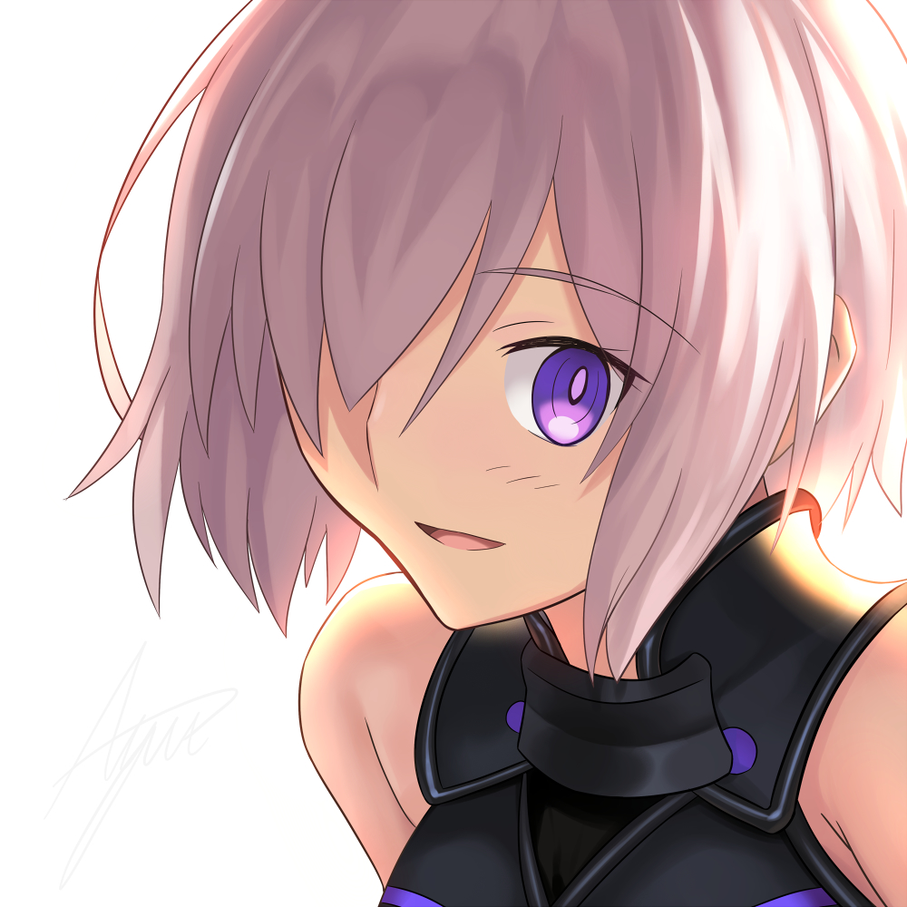 1girl armored_leotard ashiwara_yuu backlighting bangs bare_shoulders black_leotard blush eyebrows_visible_through_hair fate/grand_order fate_(series) hair_over_one_eye leotard looking_at_viewer mash_kyrielight parted_lips pink_hair short_hair signature simple_background smile solo upper_body violet_eyes white_background