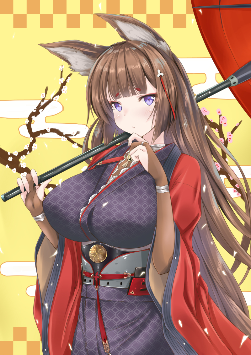 1girl amagi_(azur_lane) animal_ears azur_lane bangs blunt_bangs blush breasts bridal_gauntlets brown_hair cherry_blossoms fox_ears hair_ornament haori jacket japanese_clothes kimono large_breasts long_hair looking_at_viewer nekoyaso obi parasol red_jacket sash short_eyebrows umbrella violet_eyes