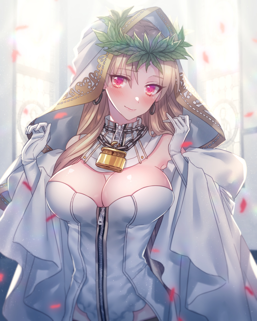 1girl backlighting bangs bare_shoulders blonde_hair blurry blush breasts bridal_veil bursting_breasts chains cleavage closed_mouth cosplay cowboy_shot day depth_of_field detached_collar detached_sleeves earrings elbow_gloves ereshkigal_(fate/grand_order) eyebrows_visible_through_hair fate/extra fate/grand_order fate_(series) full-length_zipper gloves hair_between_eyes hands_up head_tilt head_wreath heart heart_print highres hips hoop_earrings indoors jewelry juliet_sleeves large_breasts leaf leotard light_particles light_smile lock long_hair long_sleeves looking_at_viewer moe_(hamhamham) nero_claudius_(bride)_(fate) nero_claudius_(bride)_(fate)_(cosplay) nero_claudius_(fate)_(all) padlock parted_bangs puffy_sleeves red_eyes ribbon_trim smile solo stained_glass standing straight_hair strapless strapless_leotard sunlight turtleneck veil very_long_hair white_gloves white_leotard white_sleeves wide_sleeves wreath zipper zipper_pull_tab