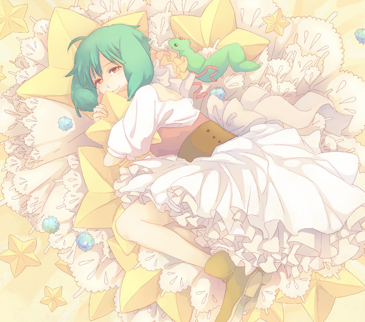 1girl 9rmm ahoge ai-kun alien ankle_boots boots dress green_hair half-closed_eyes looking_at_viewer lying macross macross_frontier object_hug on_side orange_eyes ranka_lee short_hair smile star white_dress