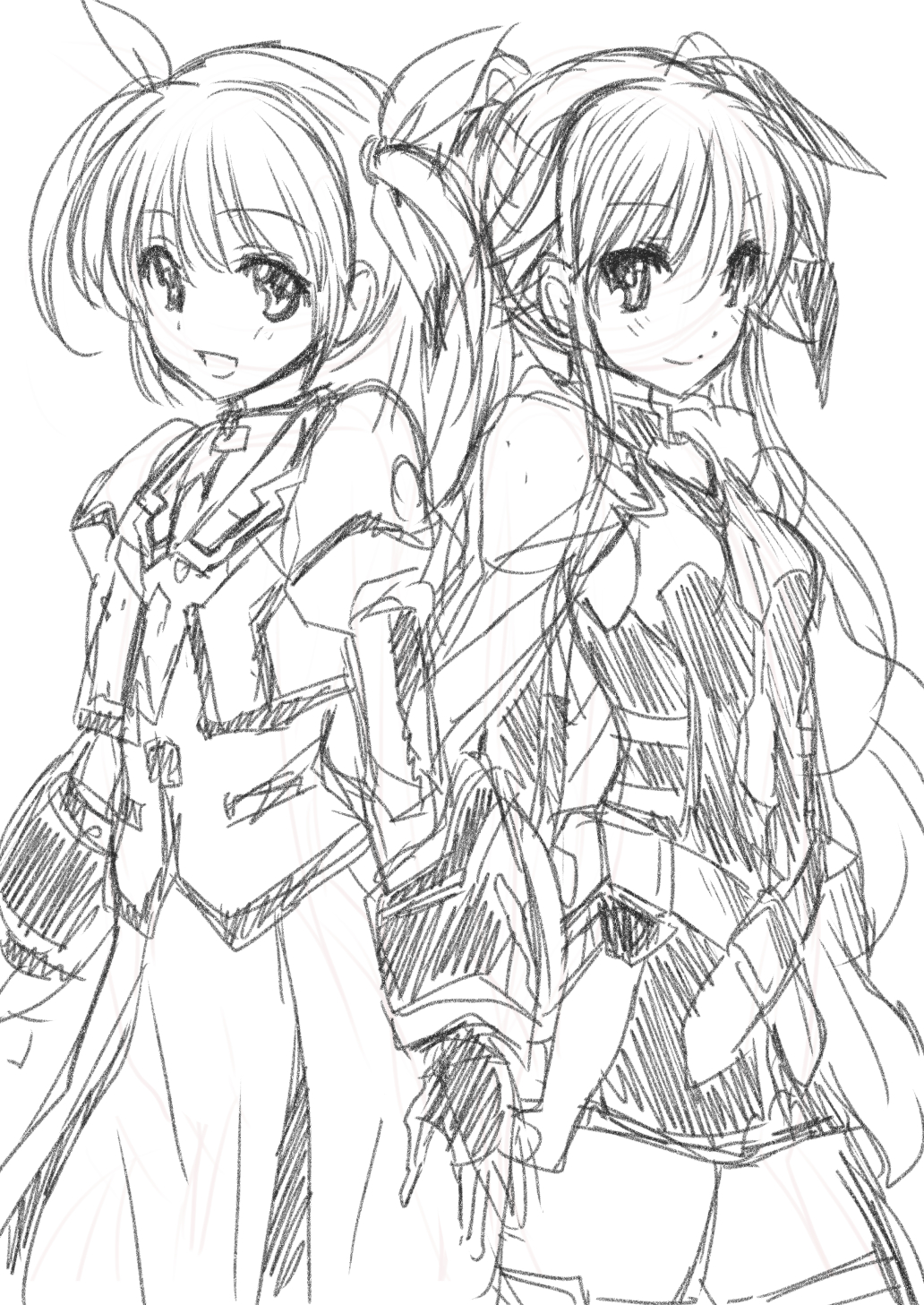 2girls :d bangs belt blush cowboy_shot eyebrows_visible_through_hair fate_testarossa gauntlets gloves hair_ribbon highres juliet_sleeves long_sleeves looking_at_viewer lyrical_nanoha magical_girl mahou_shoujo_lyrical_nanoha mahou_shoujo_lyrical_nanoha_a's mahou_shoujo_lyrical_nanoha_the_movie_2nd_a's mitarashi_kousei monochrome multiple_girls open_mouth puffy_sleeves ribbon short_twintails simple_background sketch skirt smile standing takamachi_nanoha thigh-highs twintails white_background